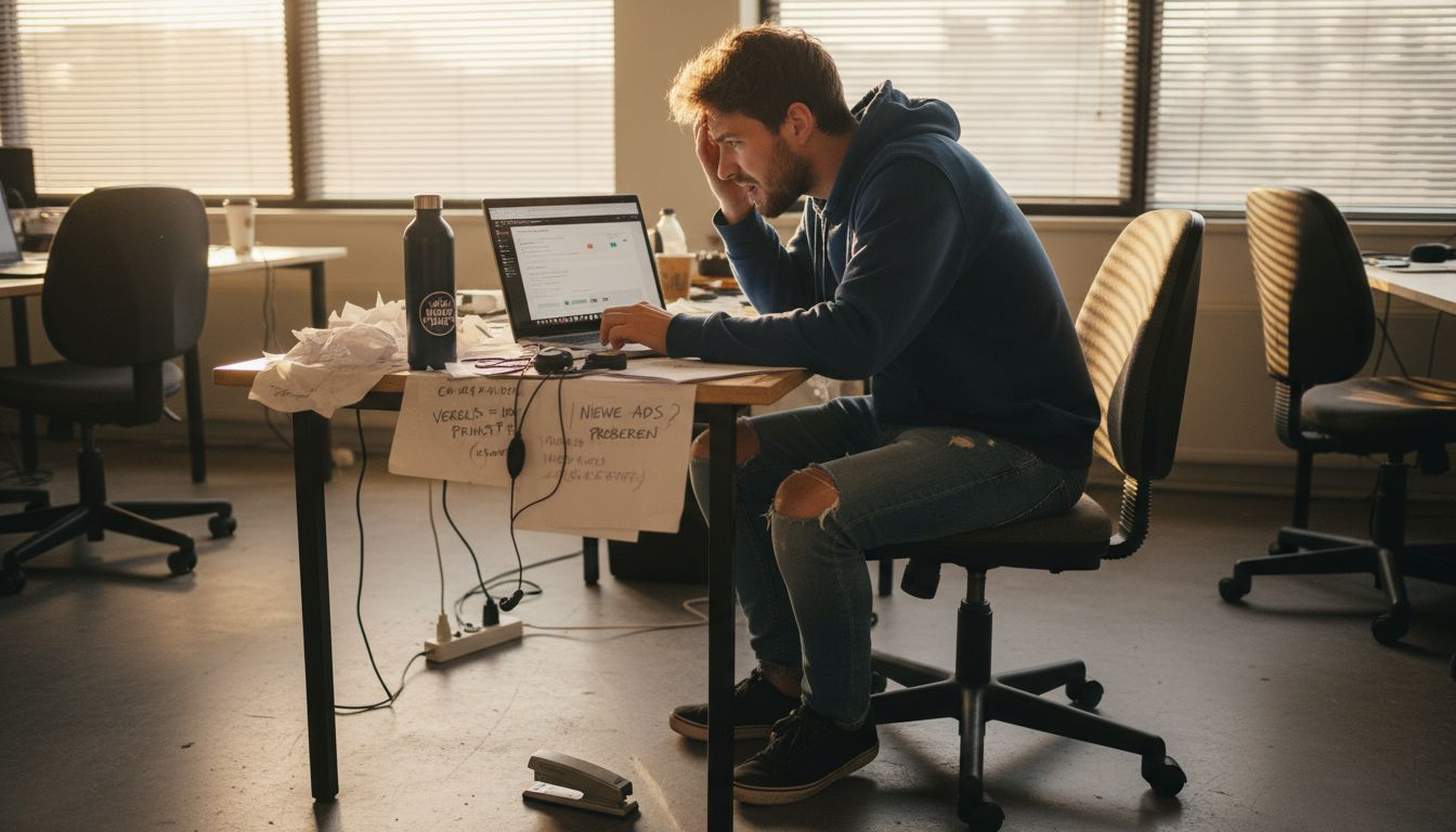 Een ondernemer zit met gefronste wenkbrauwen achter zijn bureau en bekijkt kritisch de fouten in zijn campagne.
