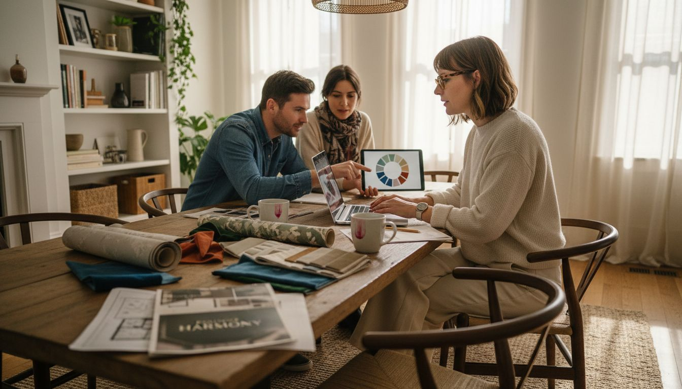 Designer consulting clients about decorative prints