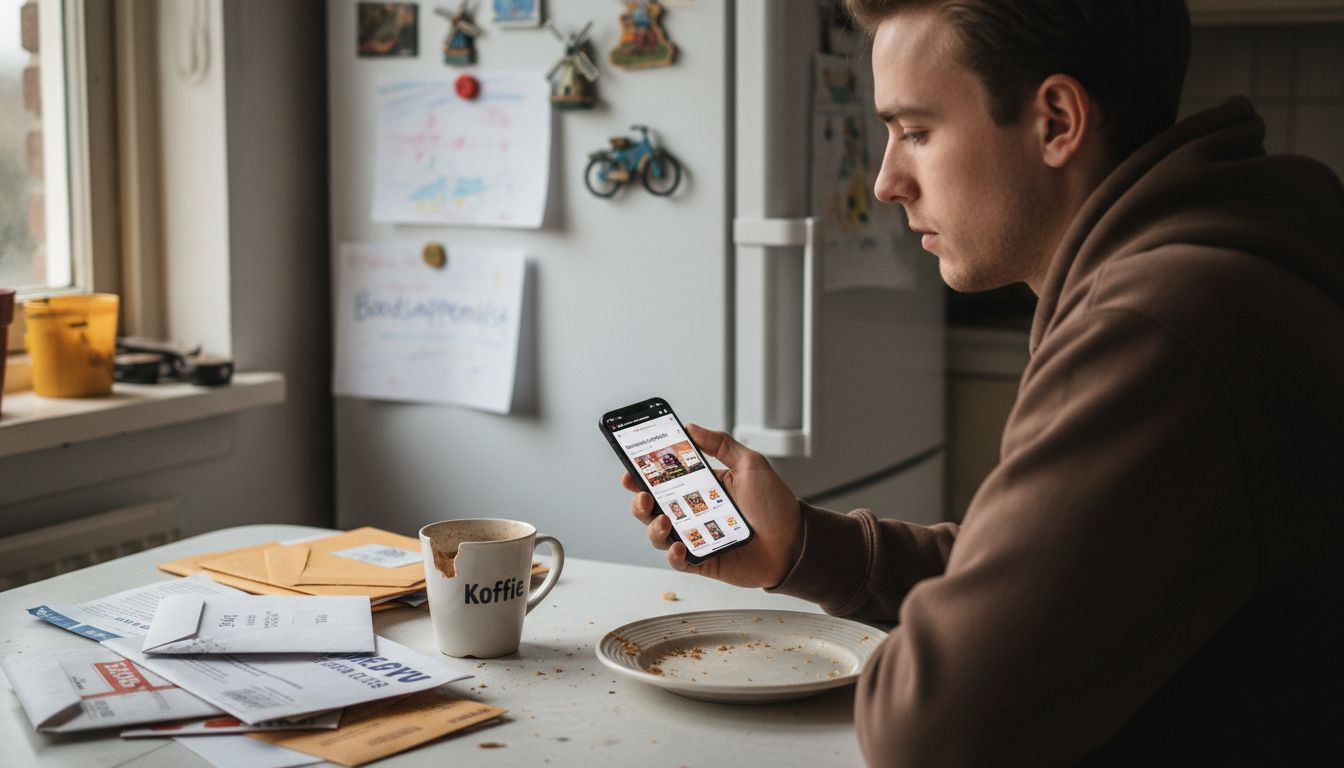 Twijfelende koper denkt aan de keukentafel nog even na over zijn aankoop