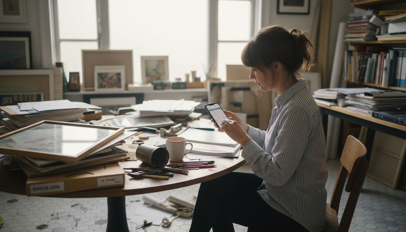 Designer budgeting wall art costs in studio