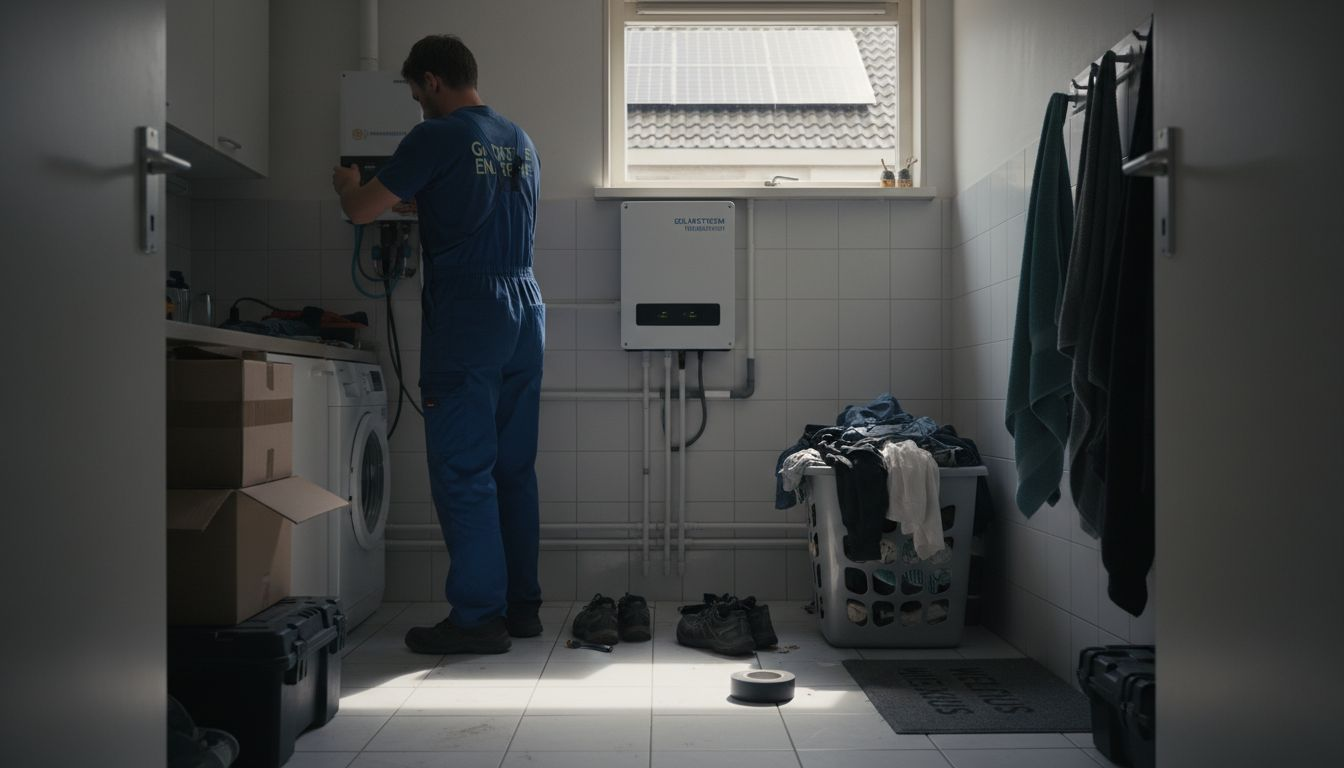 Een installateur komt langs om een thuisbatterij te plaatsen die perfect samenwerkt met de zonnepanelen op het dak.