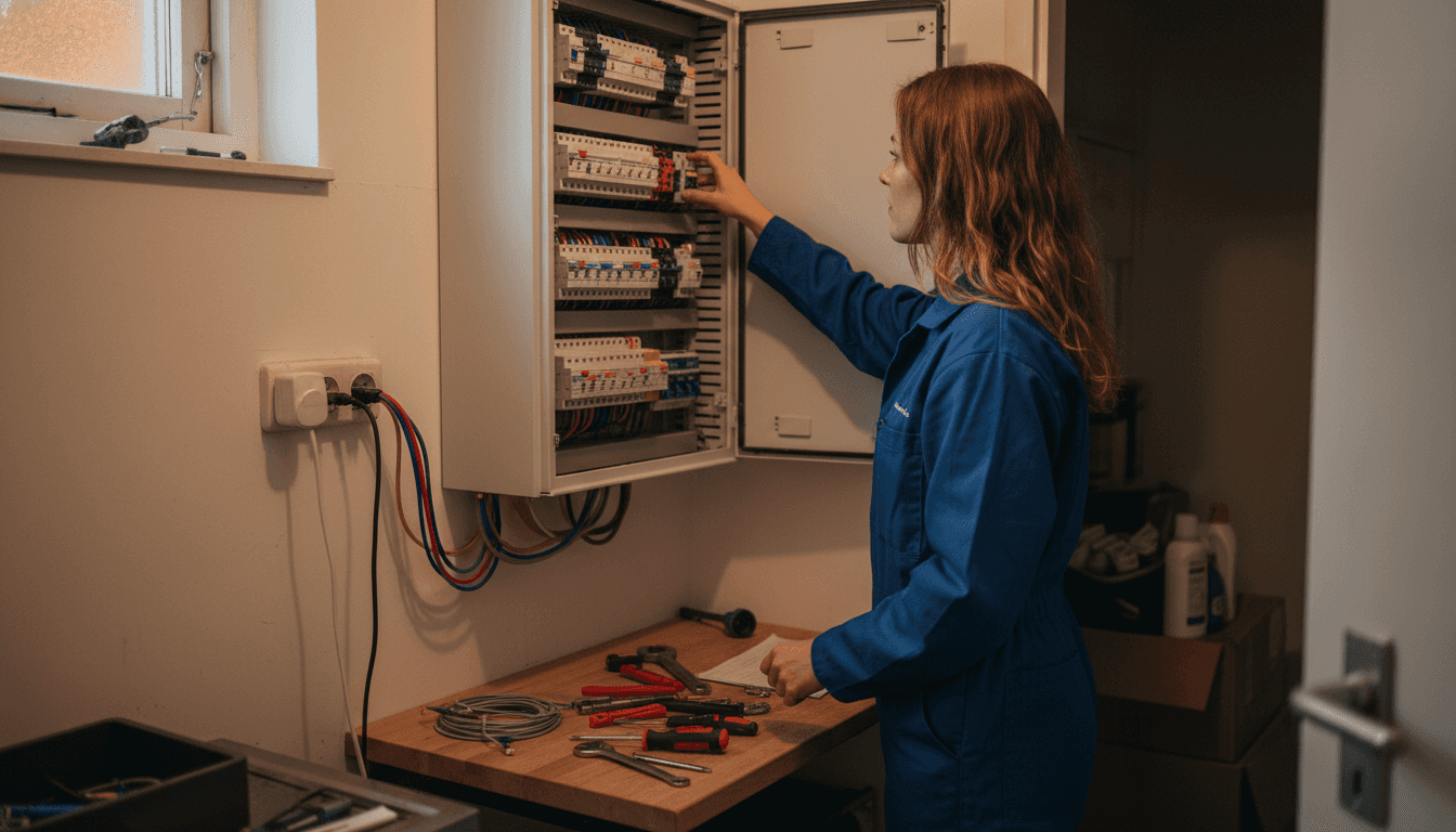 Een elektromonteur is bezig met het aansluiten van een moderne meterkast.