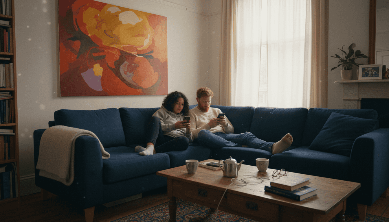 Couple relax under vibrant abstract wall art