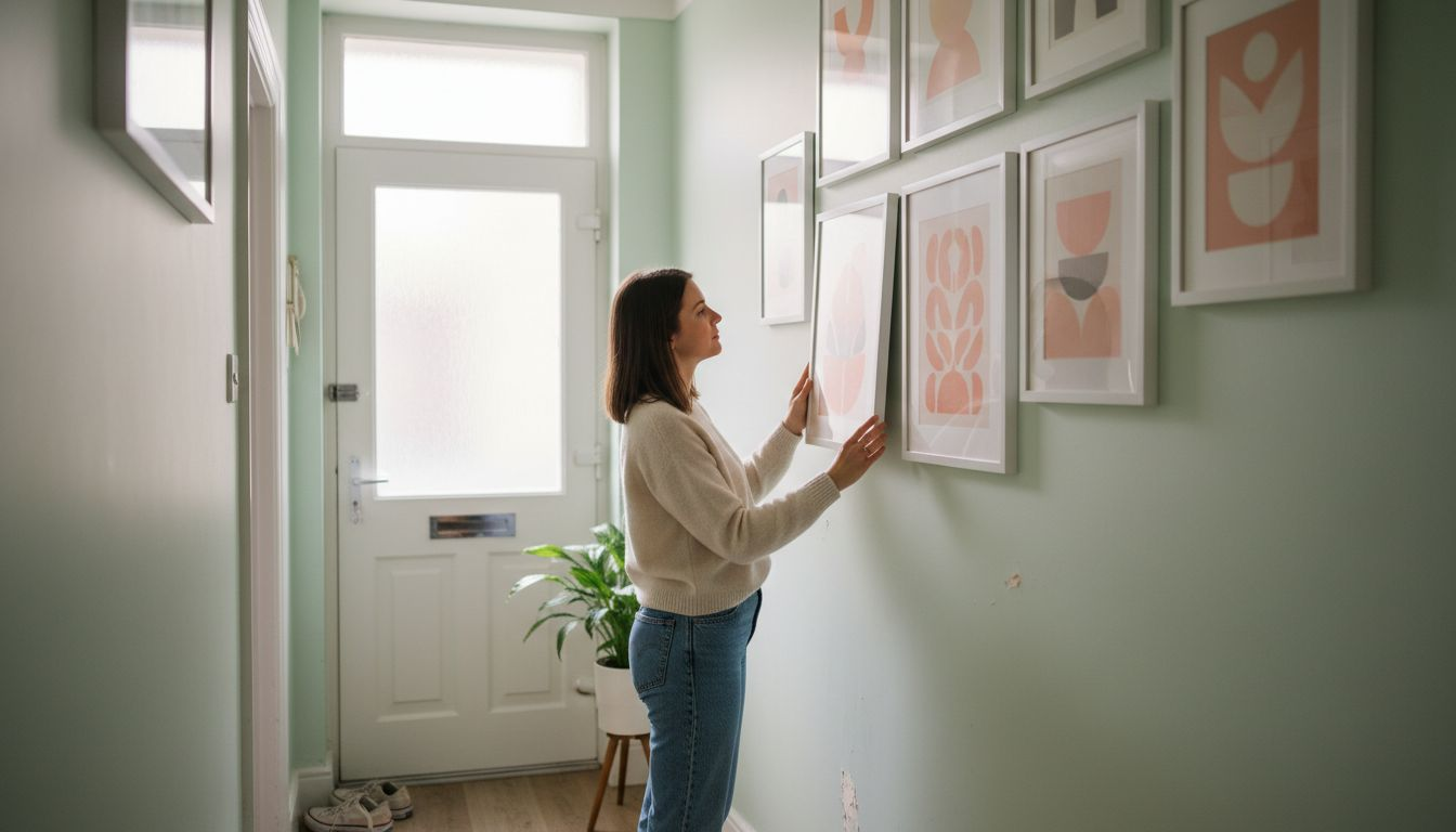 Person arranging pastel wall art in hallway