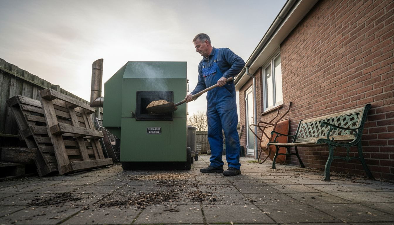 Man vult biomassacentrale met houtsnippers