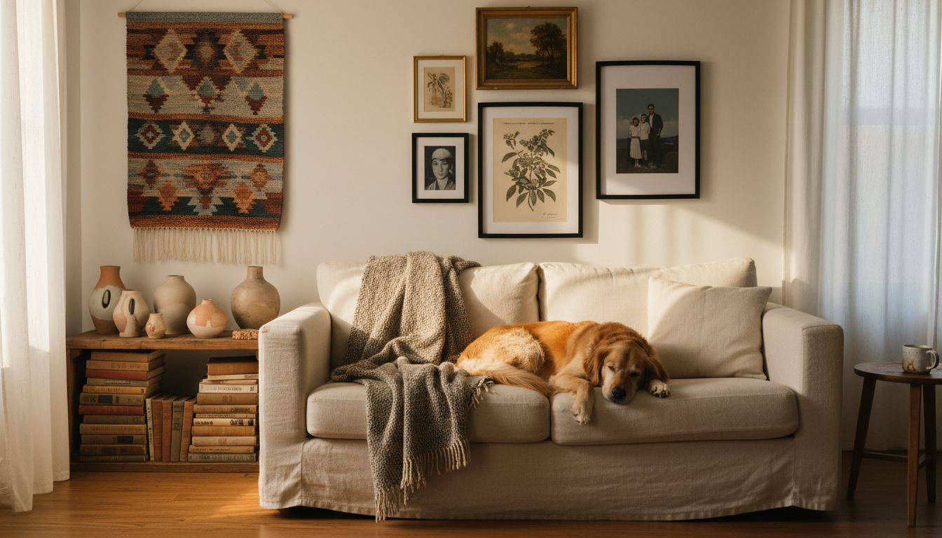 Layered art and lived-in comfortable living room