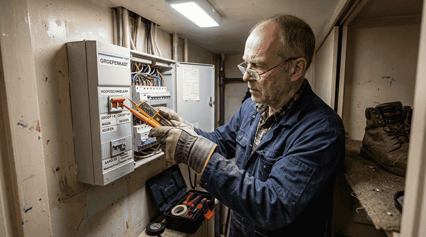 Man controleert groepenkast met behulp van isolerende handschoenen