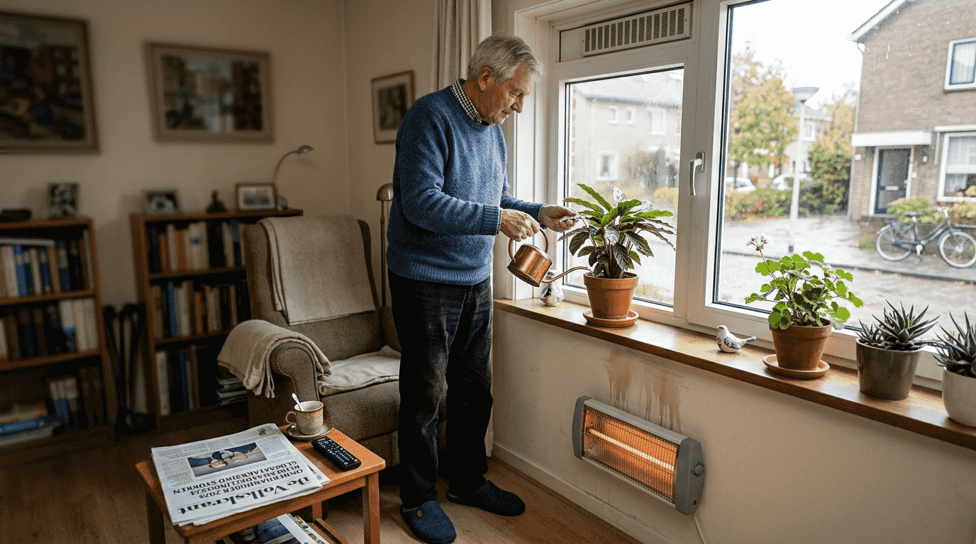 De man verwarmt zijn huis met een elektrische kachel.