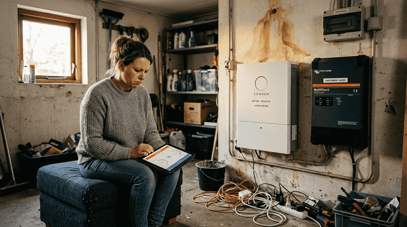 Thuis houdt een vrouw haar batterij en energieverbruik bij via een app.