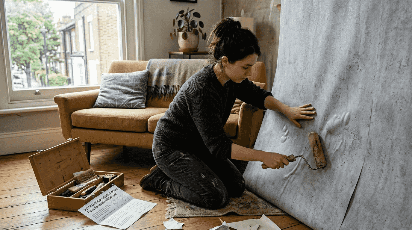 Applying faux 3-d wallpaper behind sofa