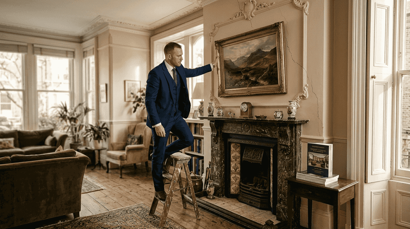 Agent hangt landschapsschilderij op in klassieke salon