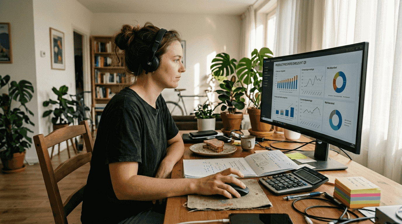 Een marketeer die thuis de PPC-segmentatiegrafieken analyseert.