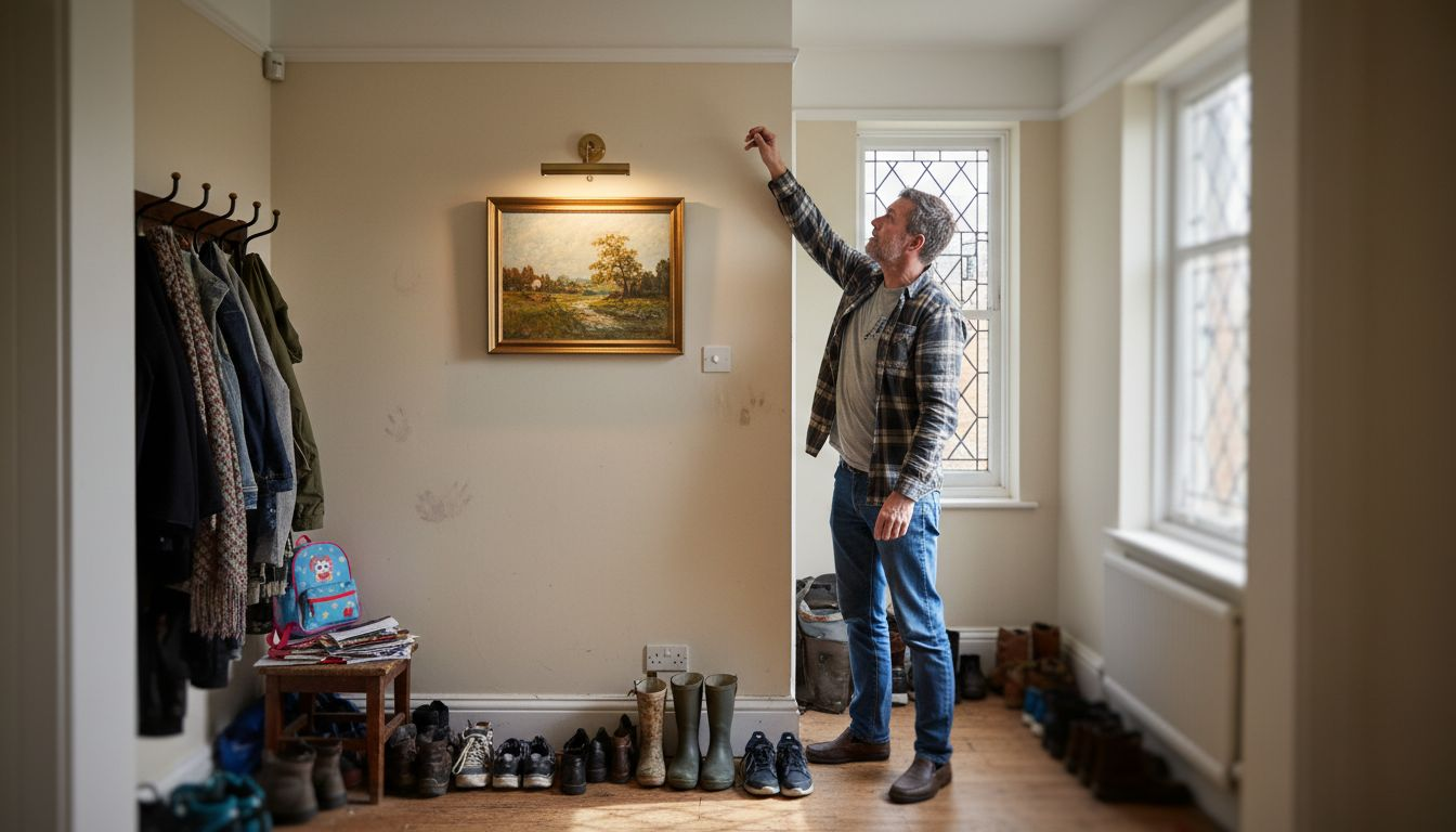 Man past spot aan op kunstwerk in de gang