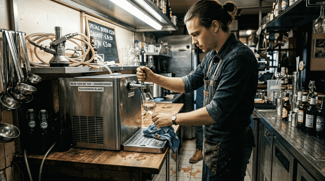 De barman tapt wijn rechtstreeks uit het vat.