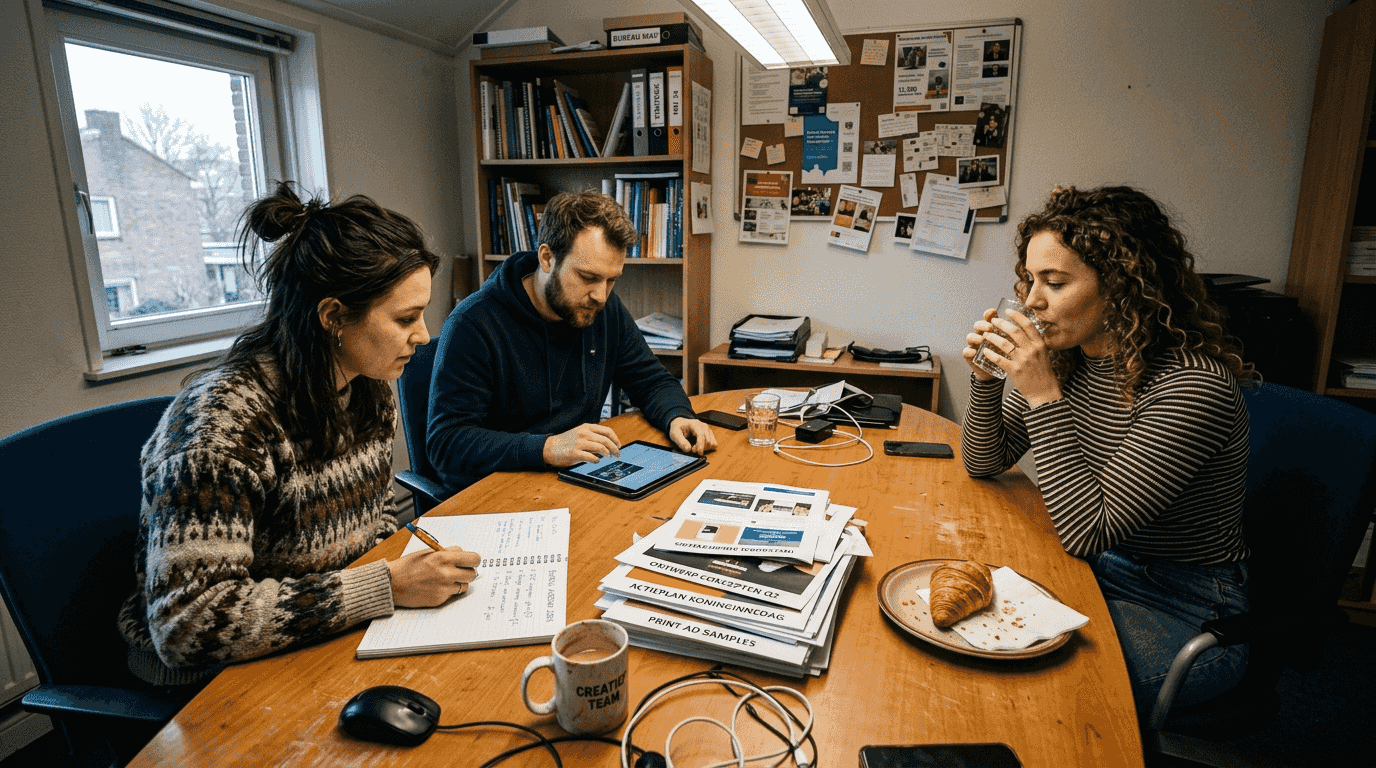 Creatieve chaos tijdens een teamoverleg vol reclame-ideeën