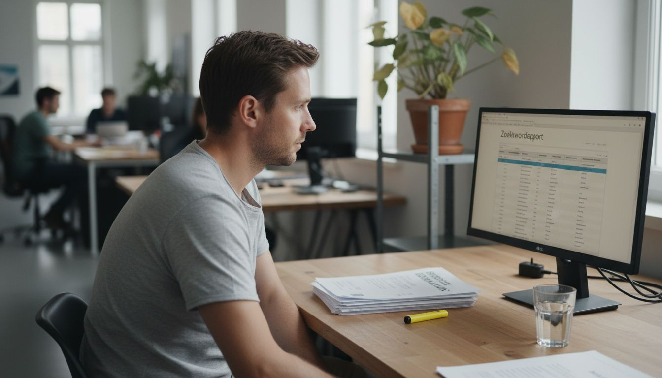 Op kantoor bekijkt een man het zoekwoordenrapport nauwkeurig.