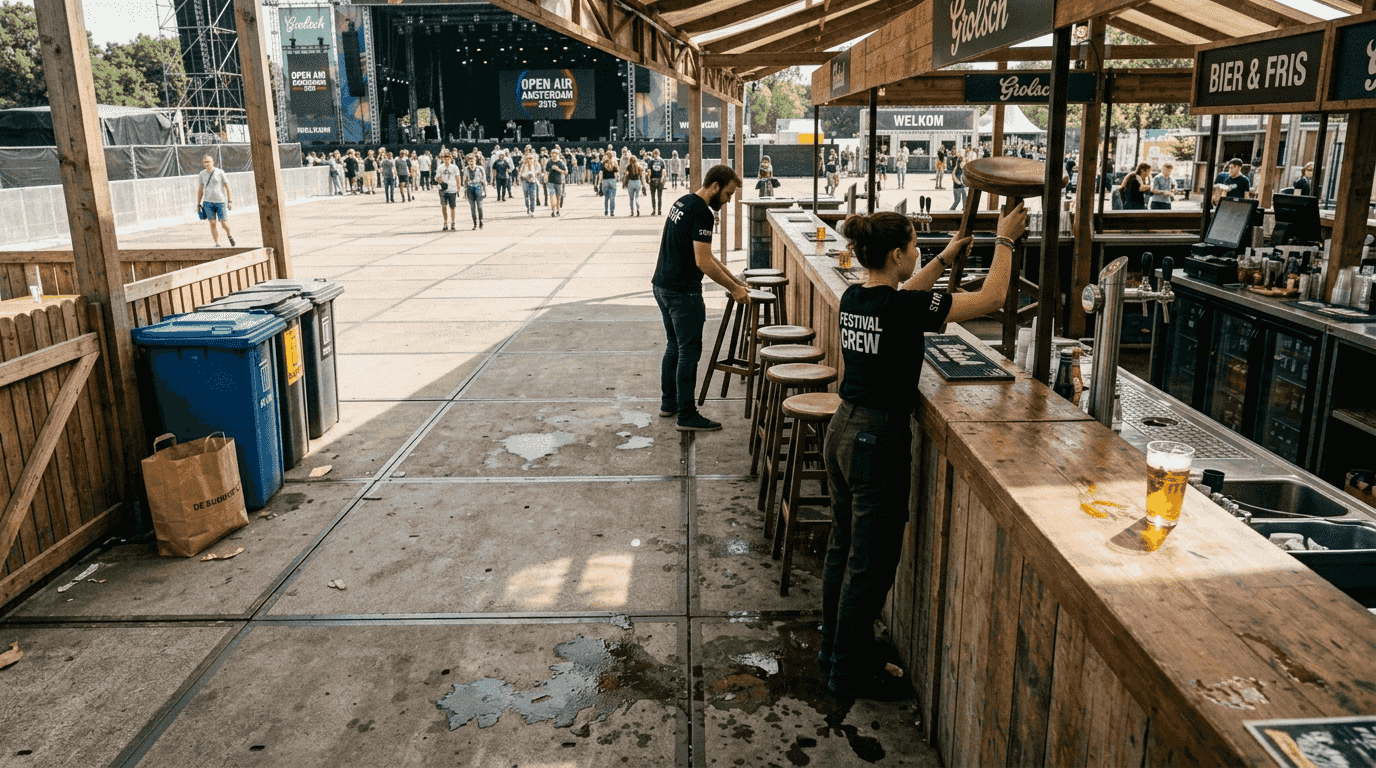 Opstelling van de bar bij het podium, inclusief personeel en bezoekers