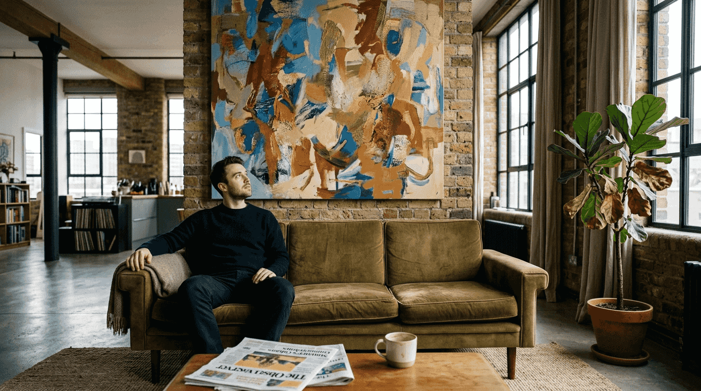 Man with oversized art in open-plan loft