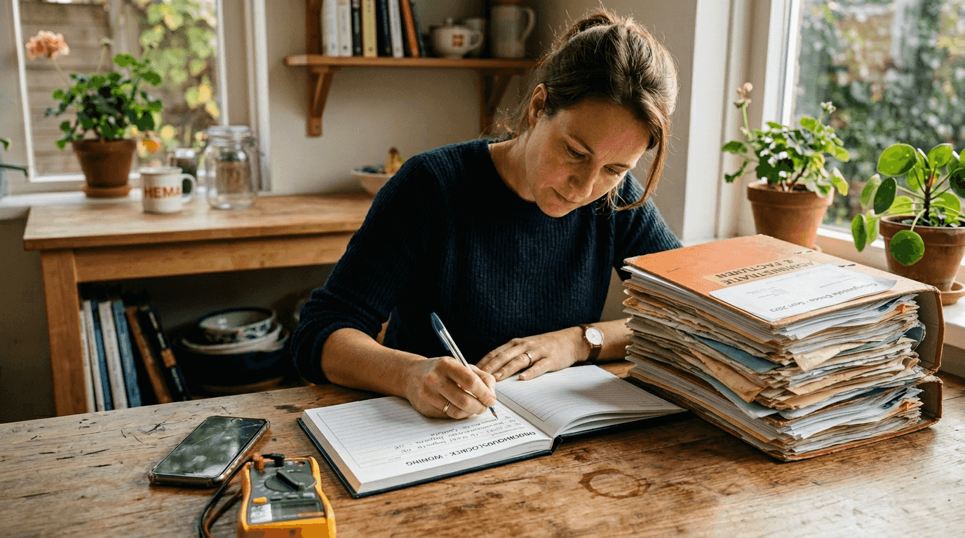 Aan de keukentafel noteert een vrouw haar laadpaalgegevens in het logboek.