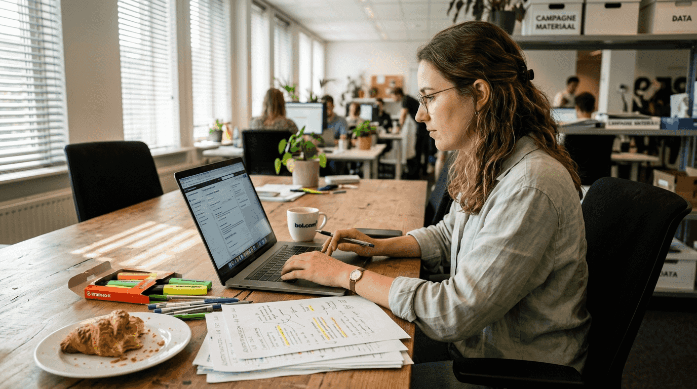 Marketeer brainstormt aan tafel over nieuwe advertentieteksten