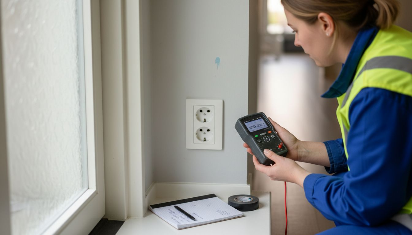 Een elektricien controleert of het stopcontact veilig is volgens de NEN 1010 norm.