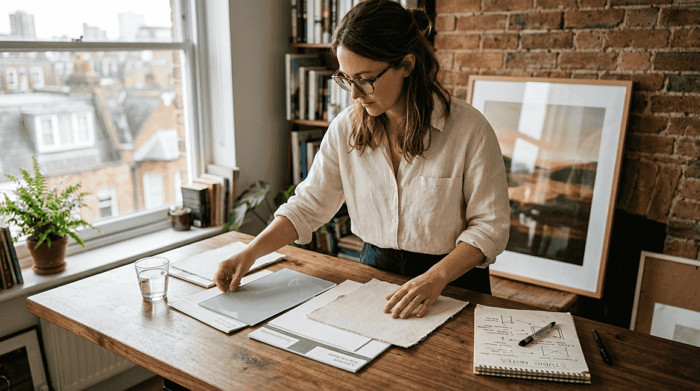 Vrouw kiest printmaterialen thuiskantoor