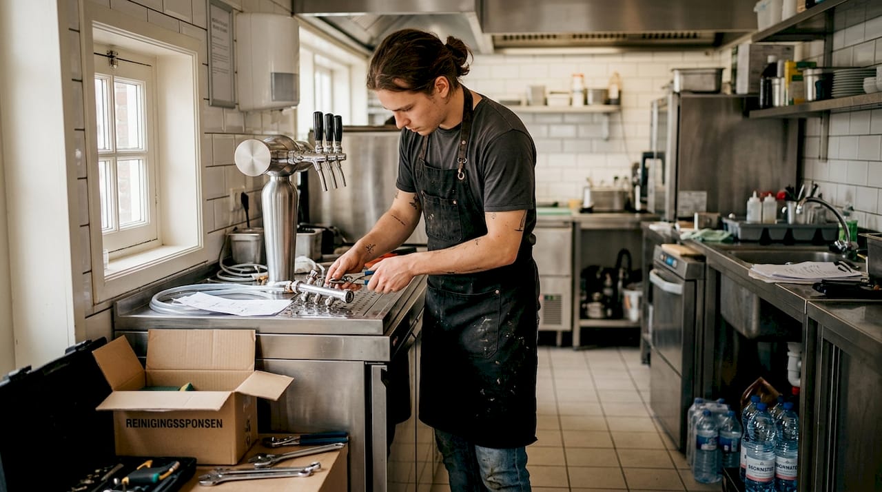 Barman plaatst een nieuw tapsysteem en zorgt meteen dat alles goed schoon is met de juiste schoonmaakmiddelen.