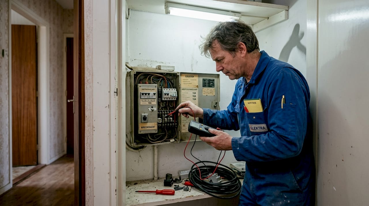 Een monteur controleert de elektrische installatie bij de meterkast.