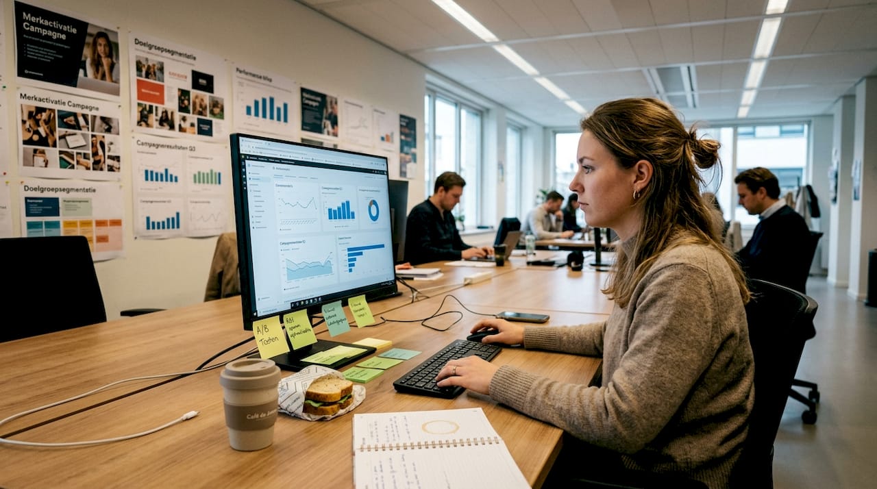 Analist vergelijkt biedstrategieën op een druk kantoor