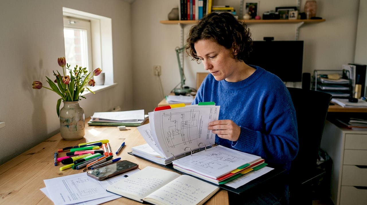 Vrouw zet verschillende soorten elektrische schema’s naast elkaar