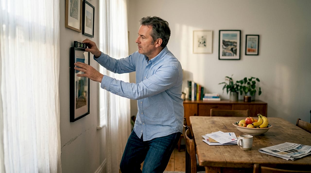 Man adjusting framed art print on wall