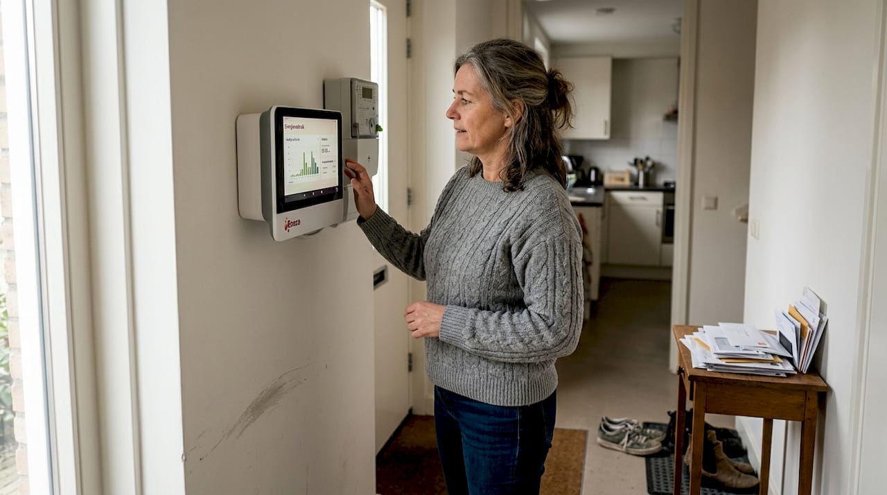 Een vrouw bekijkt haar energieverbruik op de slimme meter.