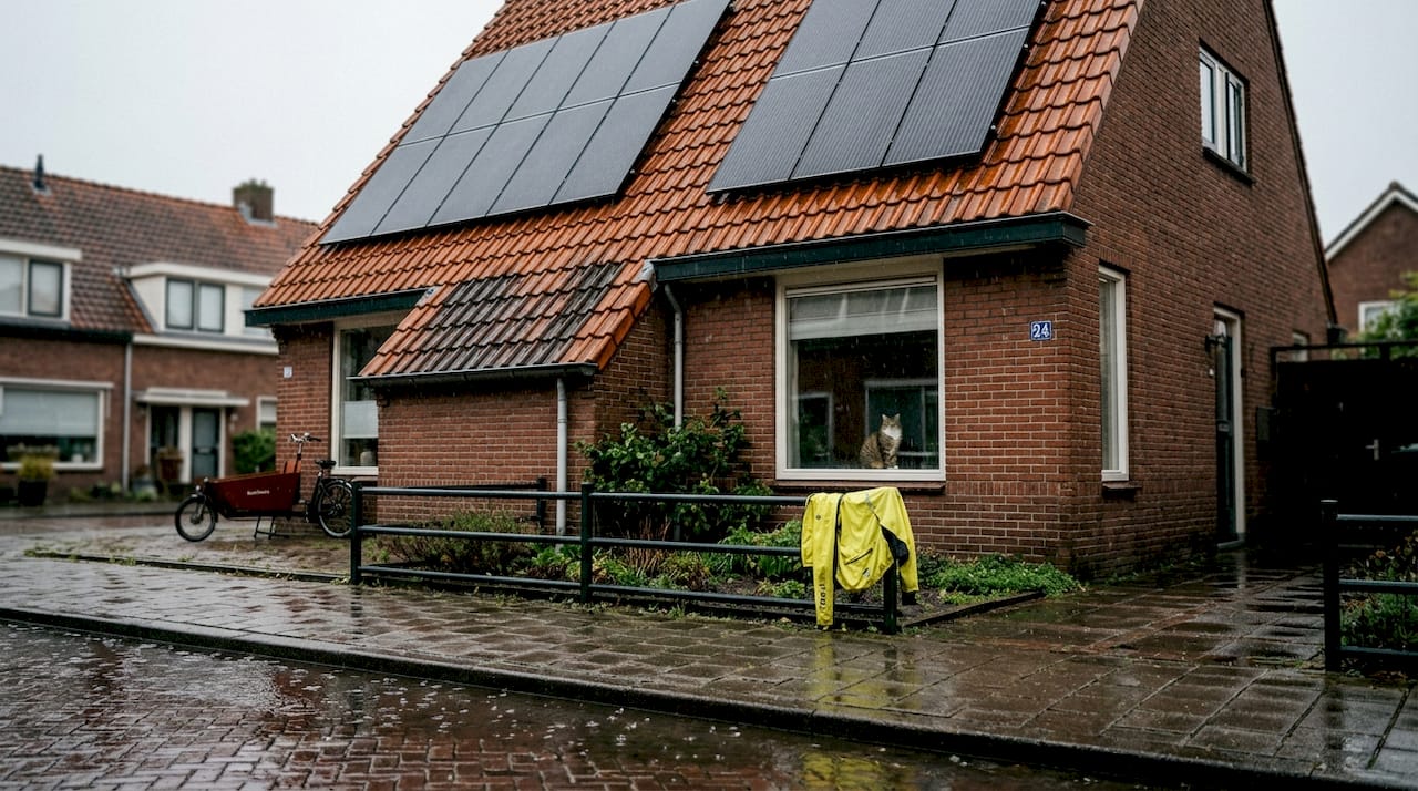 Huis met zonnepanelen in de regen