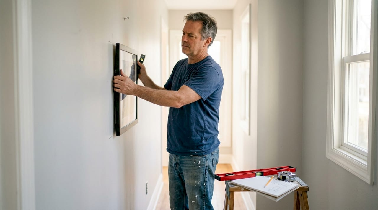 Man aligning custom wall art in hallway