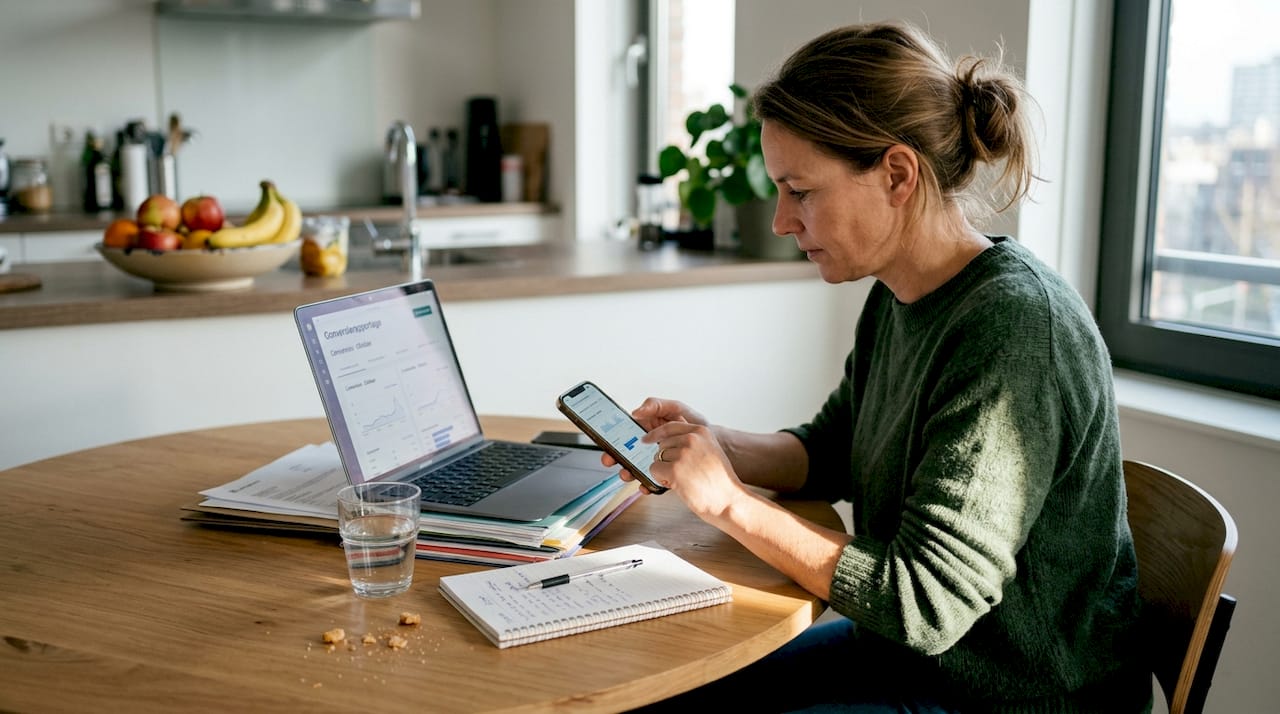 Een vrouw bekijkt thuis de statistieken van haar video-advertenties op haar laptop.