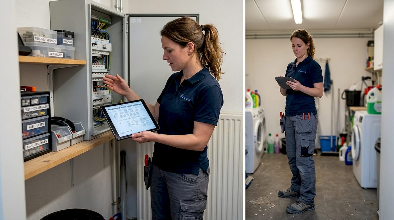 Monteur controleert gegevens op tablet bij de schakelkast