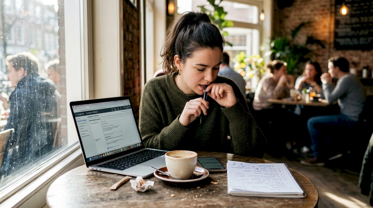Vrouw werkt aan de tekst van haar Google Ads-campagne in een gezellig café