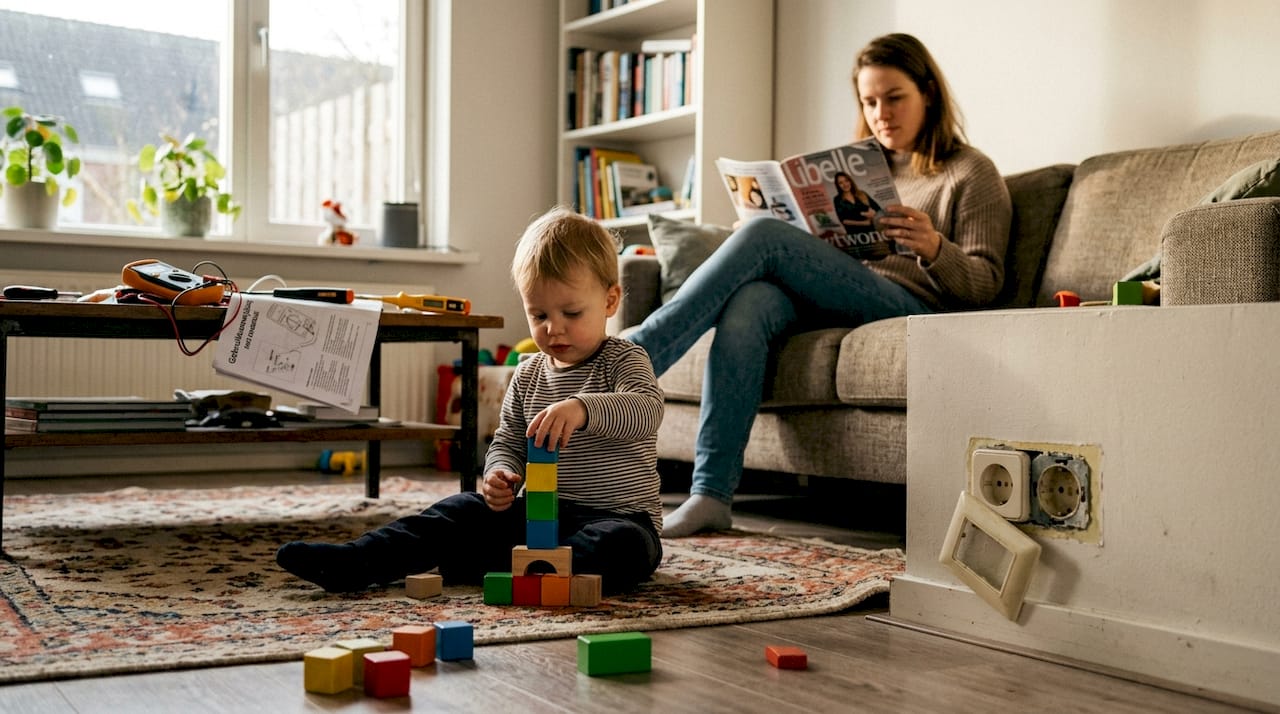 Moeder met kind in de buurt van een onveilige stopcontact