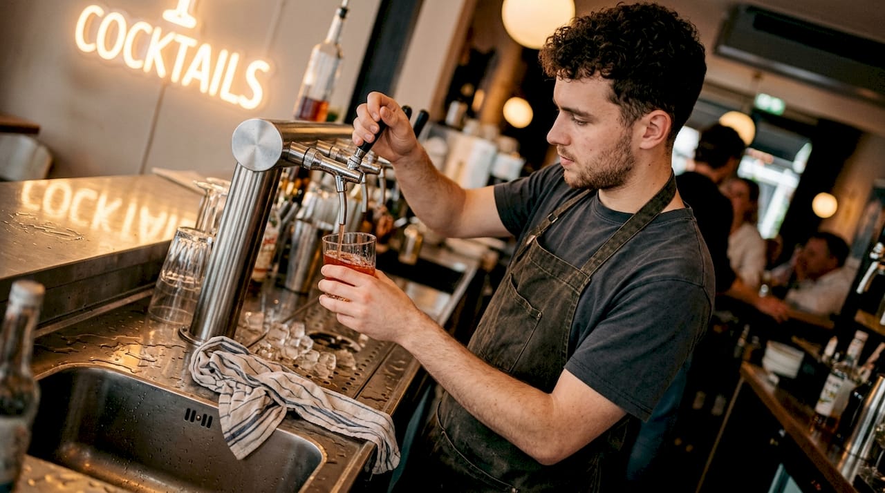 Een medewerker schenkt met precisie een tapcocktail in het glas.