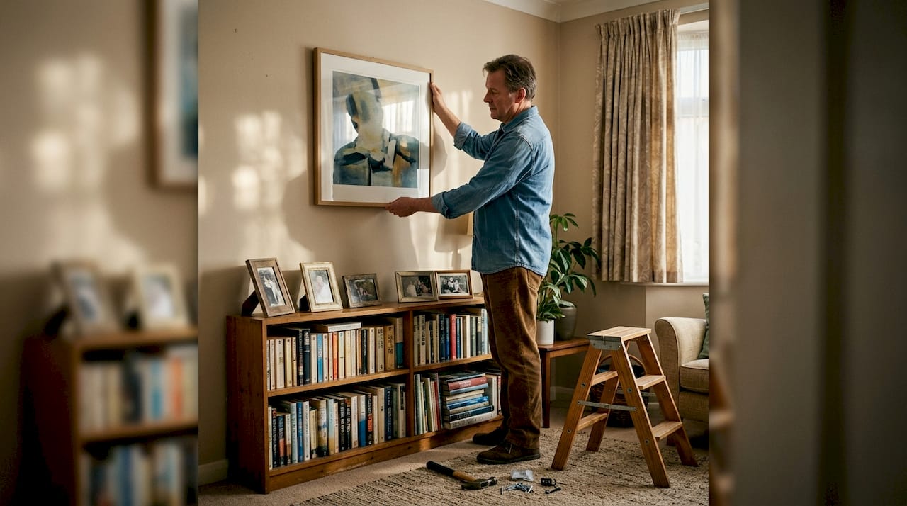 Man adjusting framed painting above bookshelf