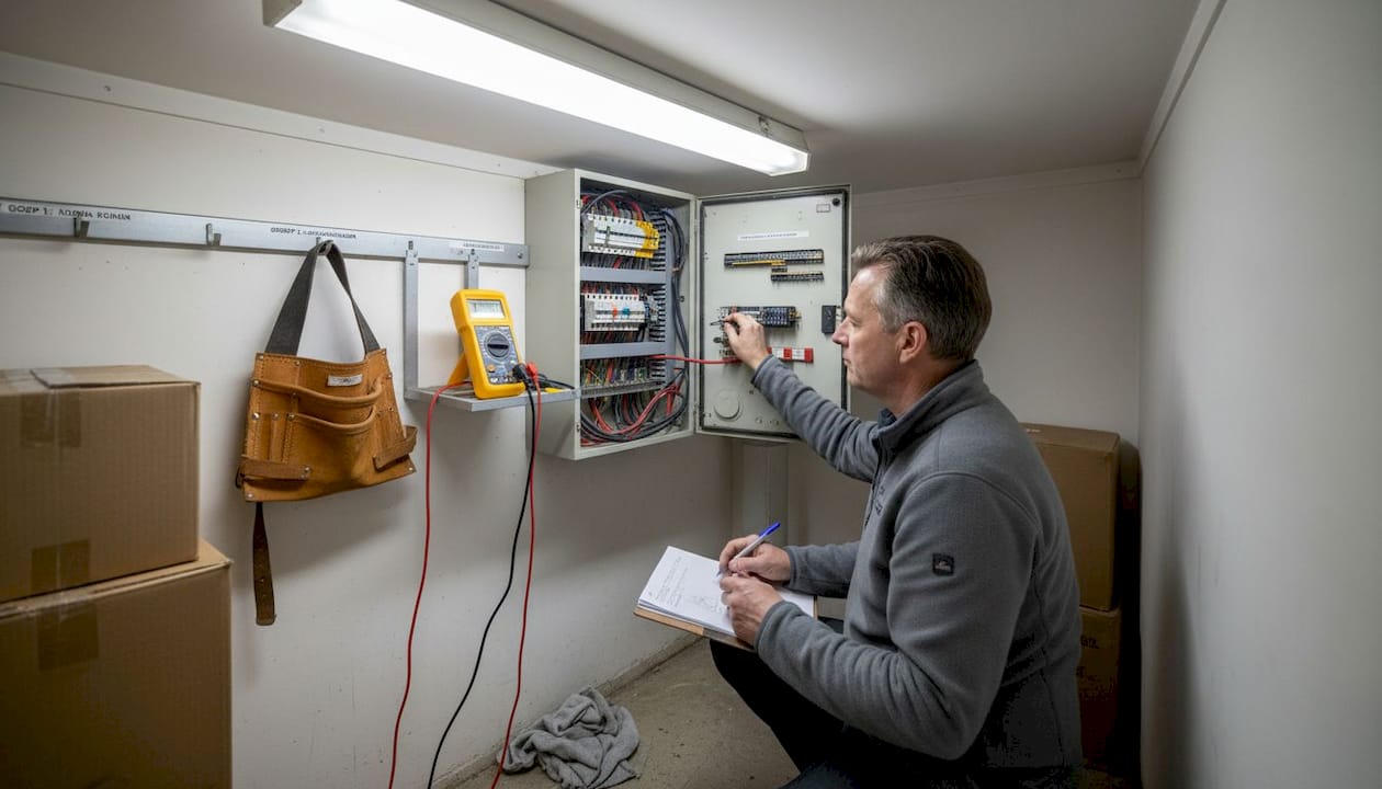 De keurmeester controleert de meterkast en voert verschillende metingen uit om alles goed te kunnen beoordelen.