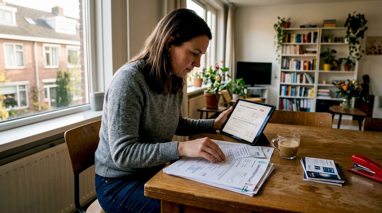 Aan de keukentafel zit een vrouw rustig haar garantiepapiertjes uit te zoeken.