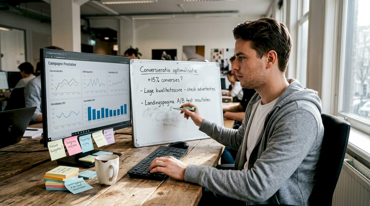 Een man bekijkt en beoordeelt de resultaten van zijn PPC-campagne aan de hand van grafieken.
