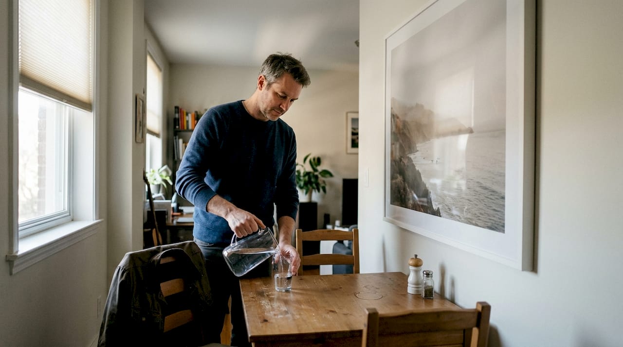 Man giet water onder grote heldere print