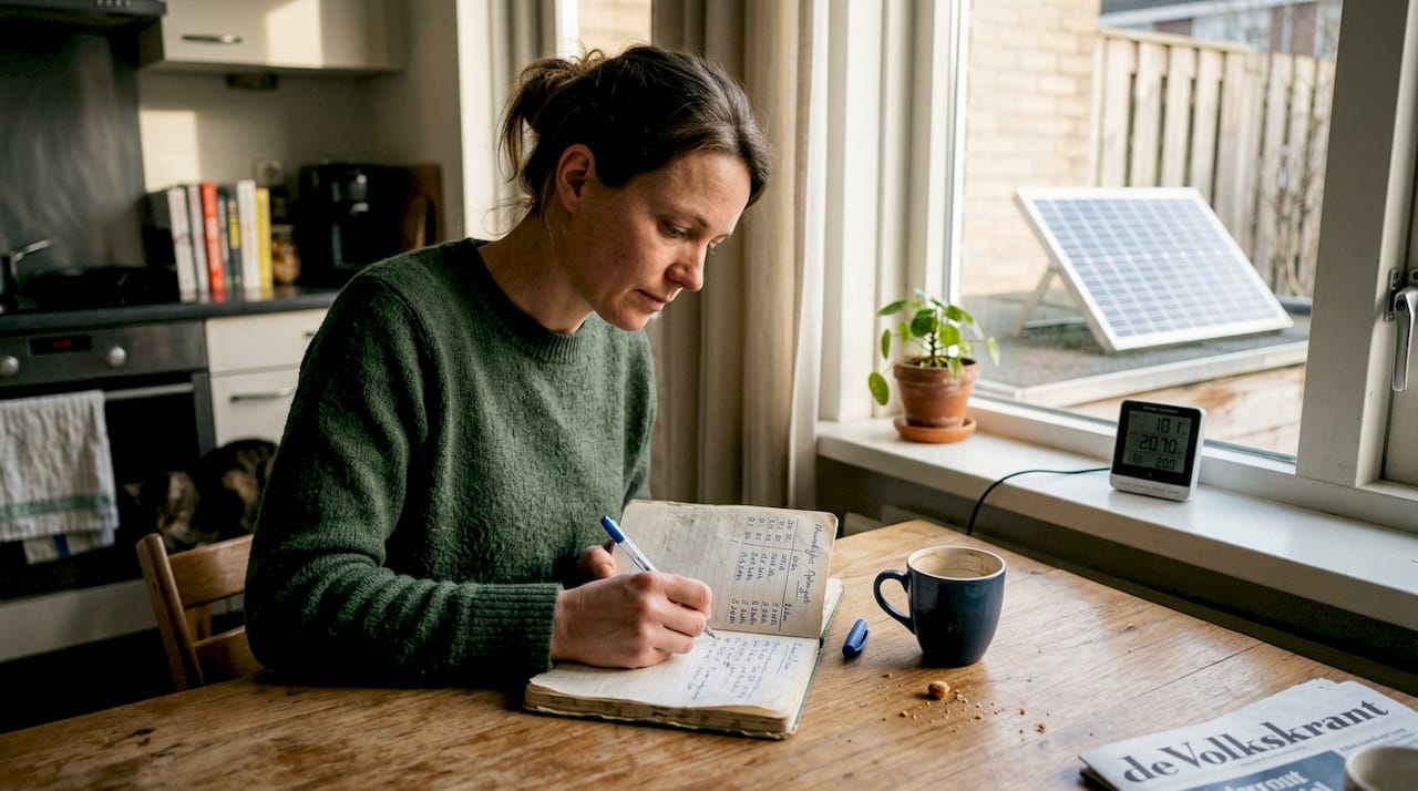 In de keuken houdt een vrouw nauwkeurig de opbrengst van haar zonnepanelen bij.