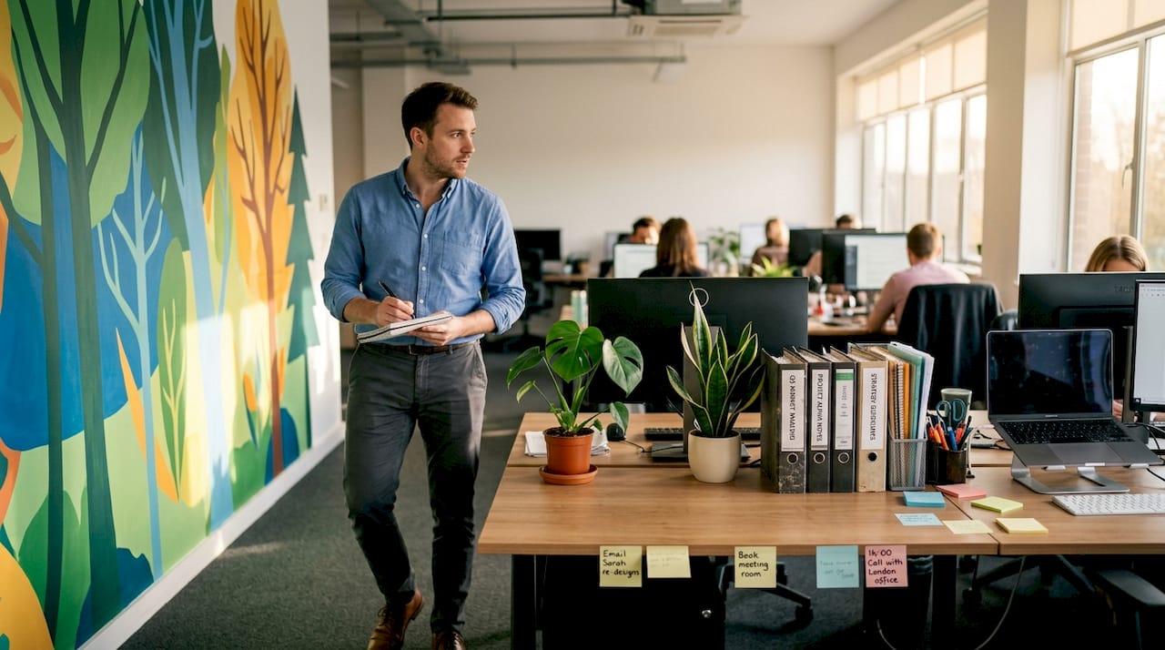 Employee in workspace with art and plants