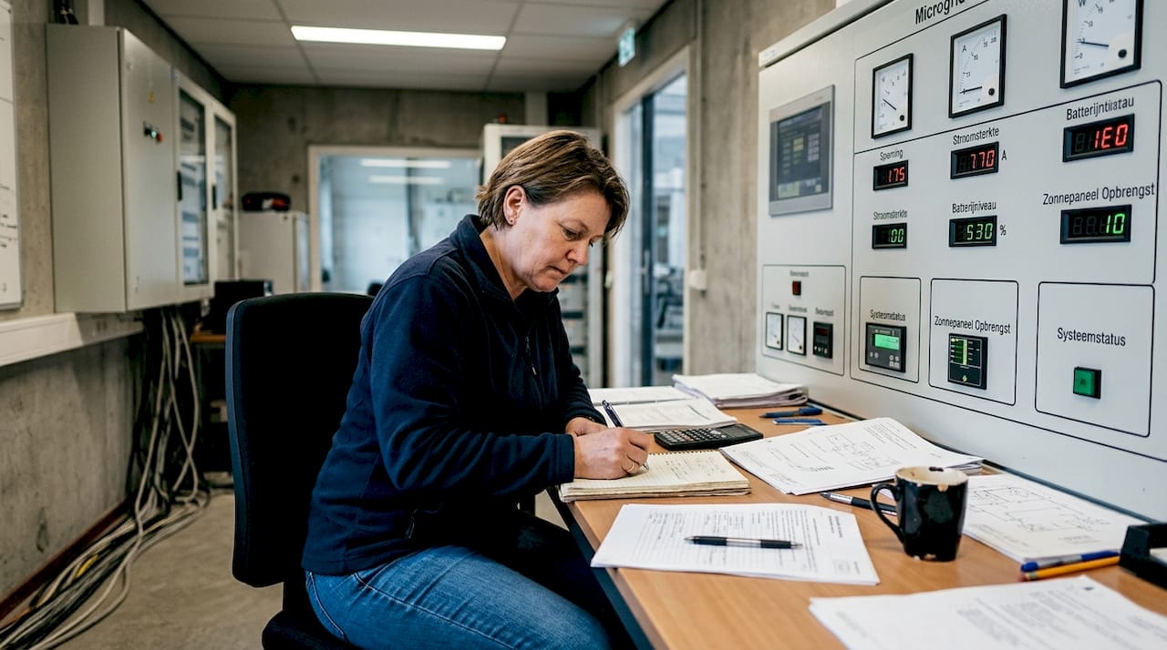 De facilitair manager houdt toezicht op het DC-paneel van het microgrid.