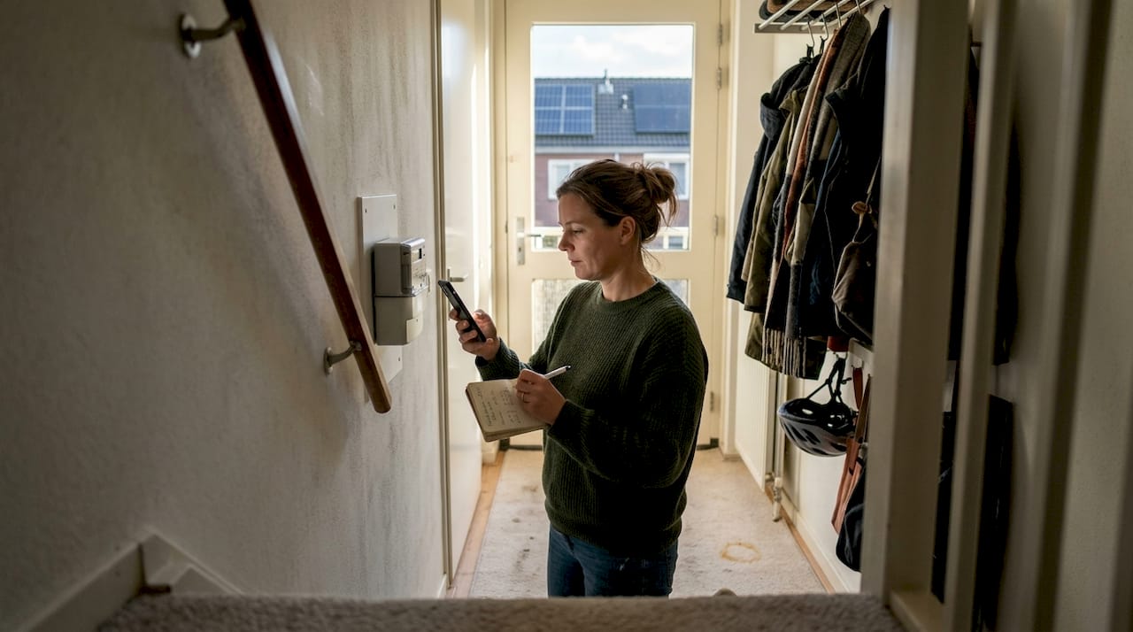 Een vrouw noteert de meterstand bij haar huis met zonnepanelen.