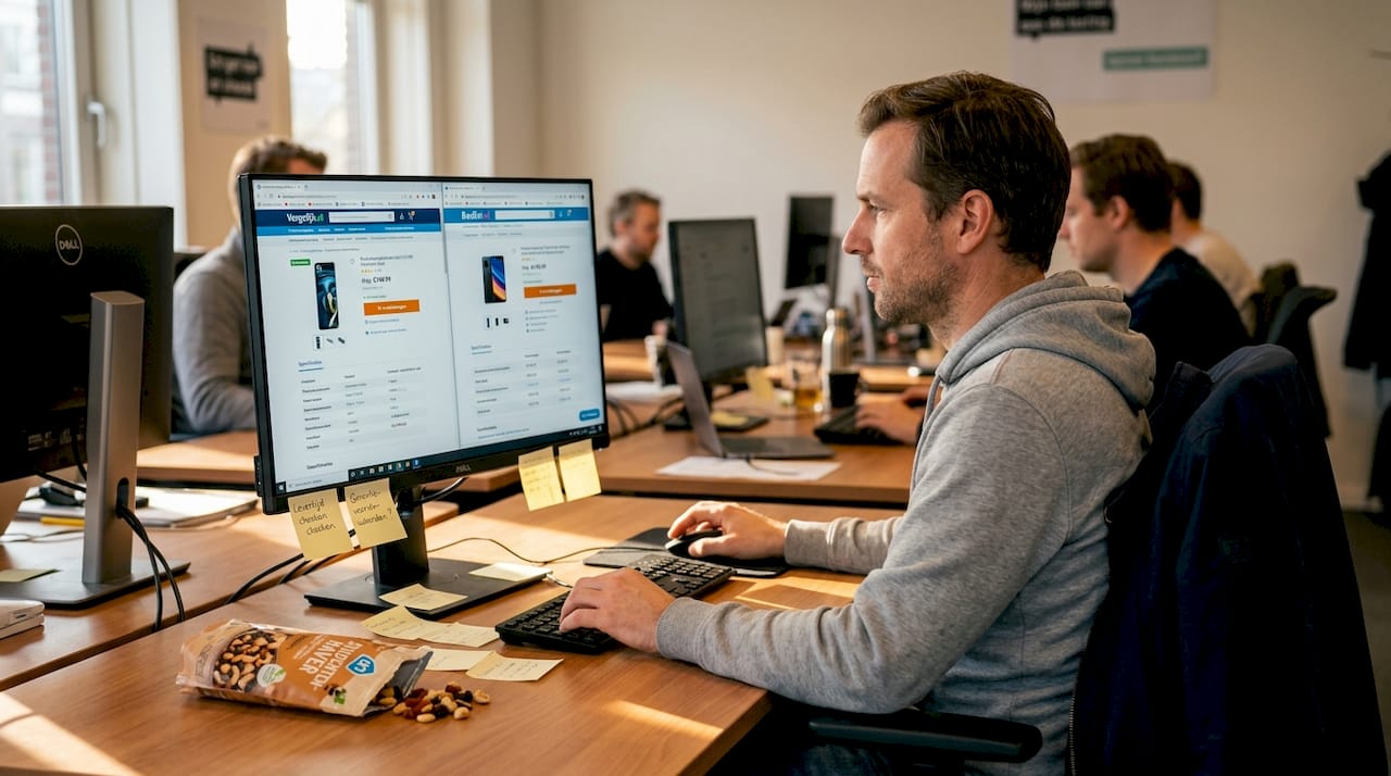 Man vergelijkt online prijzen achter zijn bureau