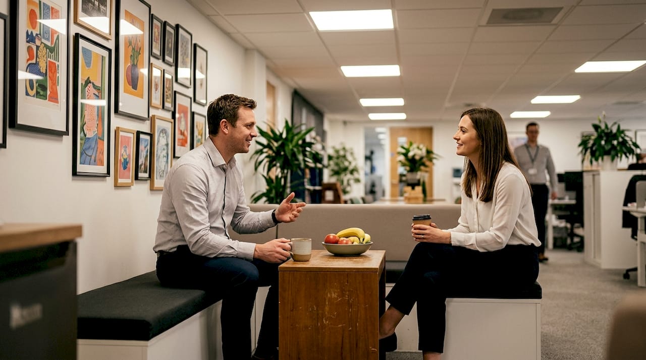 Employees converse near office art wall